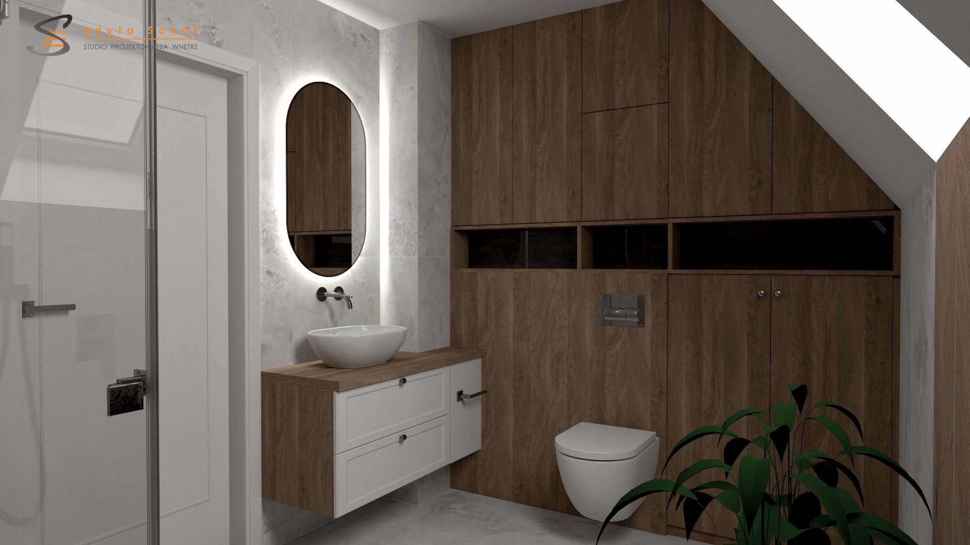 Nowoczesna łazienka w odcieniach bieli i drewna z podświetlanym lustrem owalnym, wiszącą toaletą i rośliną doniczkową, ukazująca harmonijne połączenie estetyki i funkcjonalności.