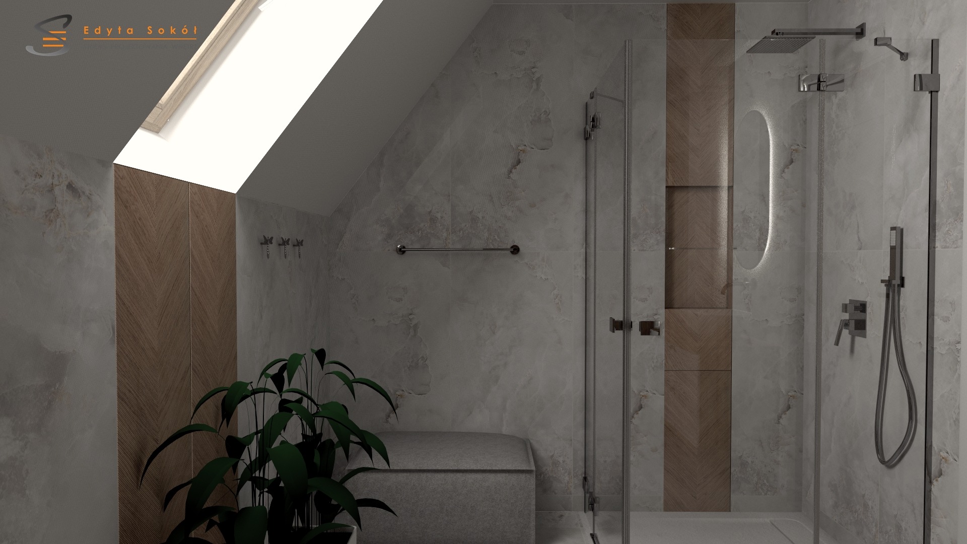Wizualizacja łazienki na poddaszu z kabiną prysznicową typu walk-in, oświetlonym lustrem, drewnianą zabudową w jodełkę i rośliną doniczkową w rogu.