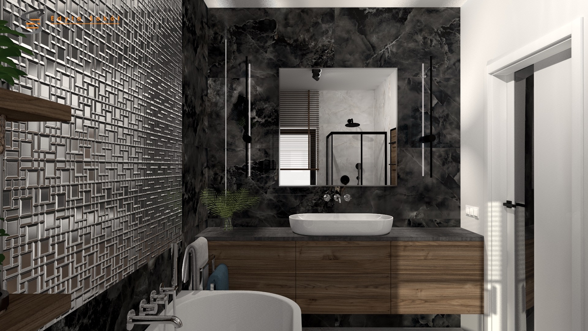 Elegancka łazienka z czarnymi marmurowymi płytkami, umywalką nablatową, drewnianą szafką pod umywalką i dekoracyjną ścianą z metalowych kwadratów. W lustrze odbija się kabina prysznicowa.