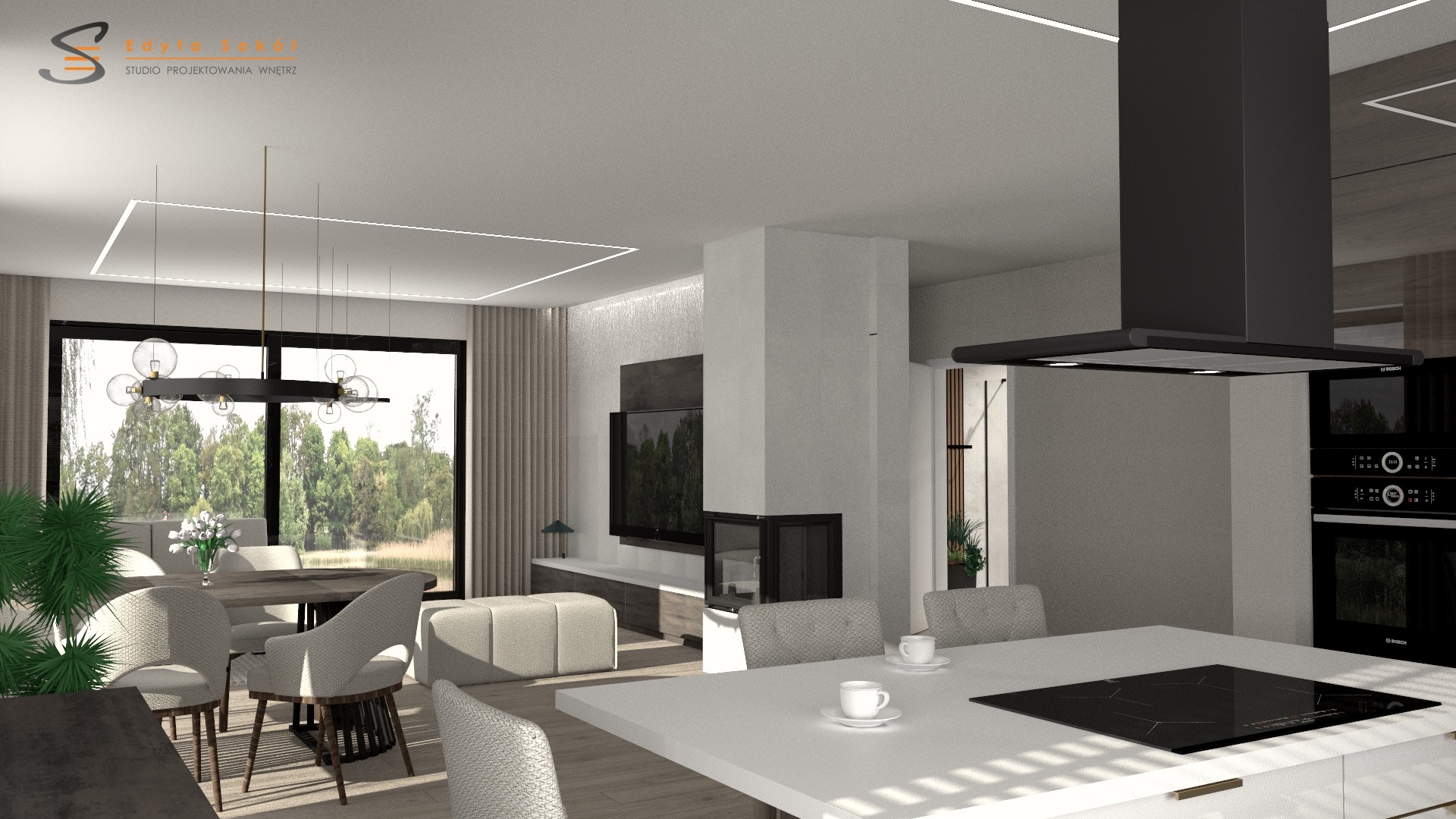 Wizualizacja przestronnego wnętrza z otwartą kuchnią, jadalnią i salonem; nowoczesny design z dużym oknem, czarnym okapem Bosch i minimalistycznym kominkiem.