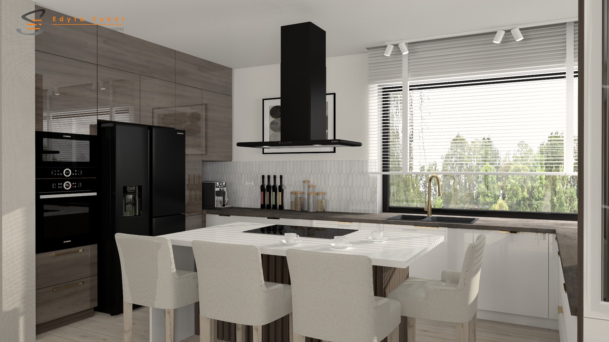 Wizualizacja nowoczesnej kuchni z wyspą, czarnym sprzętem AGD marki Bosch i Samsung, oraz oknem z widokiem na zieleń.