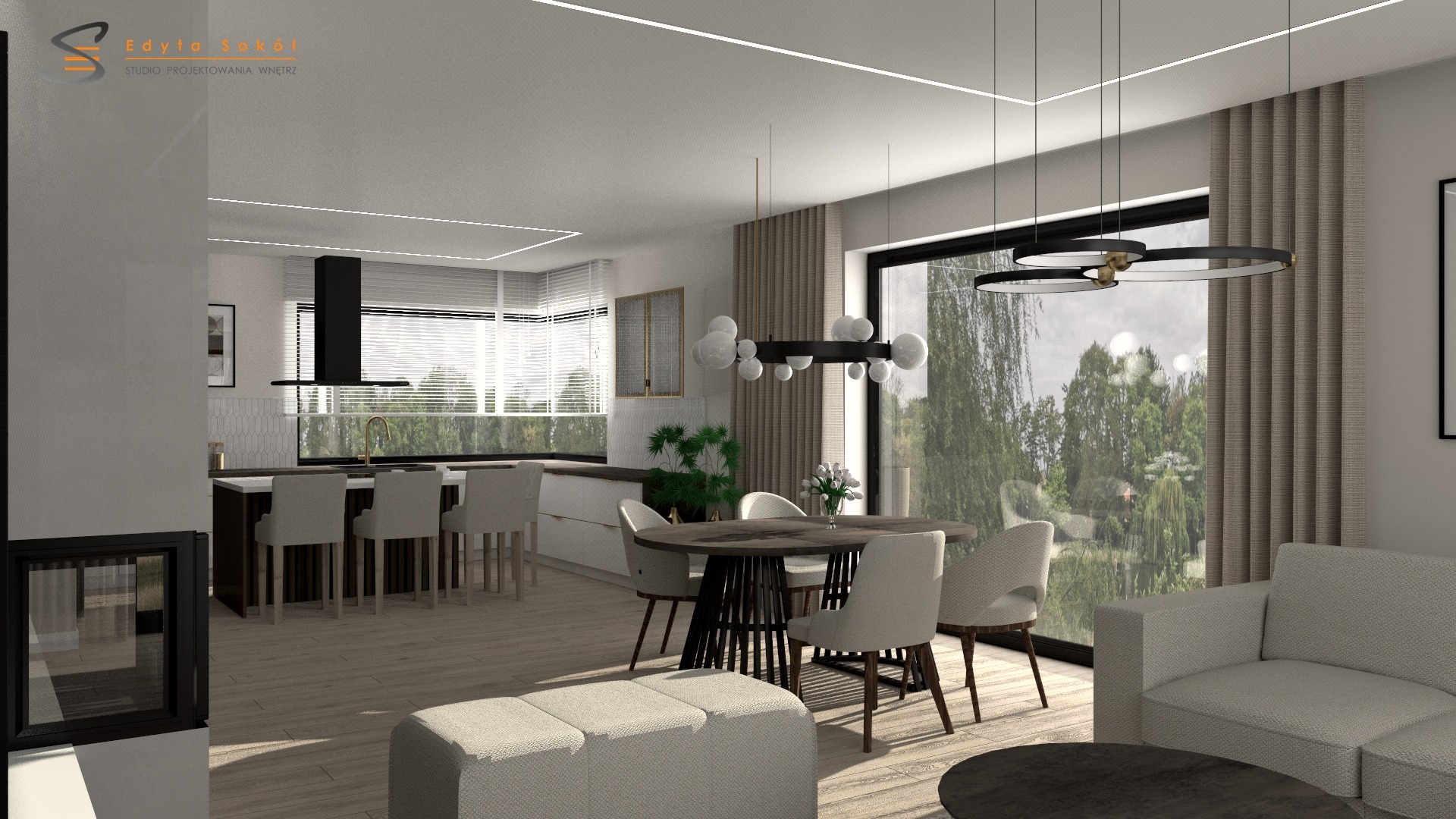 Wizualizacja przestronnego wnętrza mieszkania: kuchnia z wyspą, jadalnia z okrągłym stołem i salon z szarą sofą, oświetlenie LED i lampy wiszące, widok na zieleń za oknem.