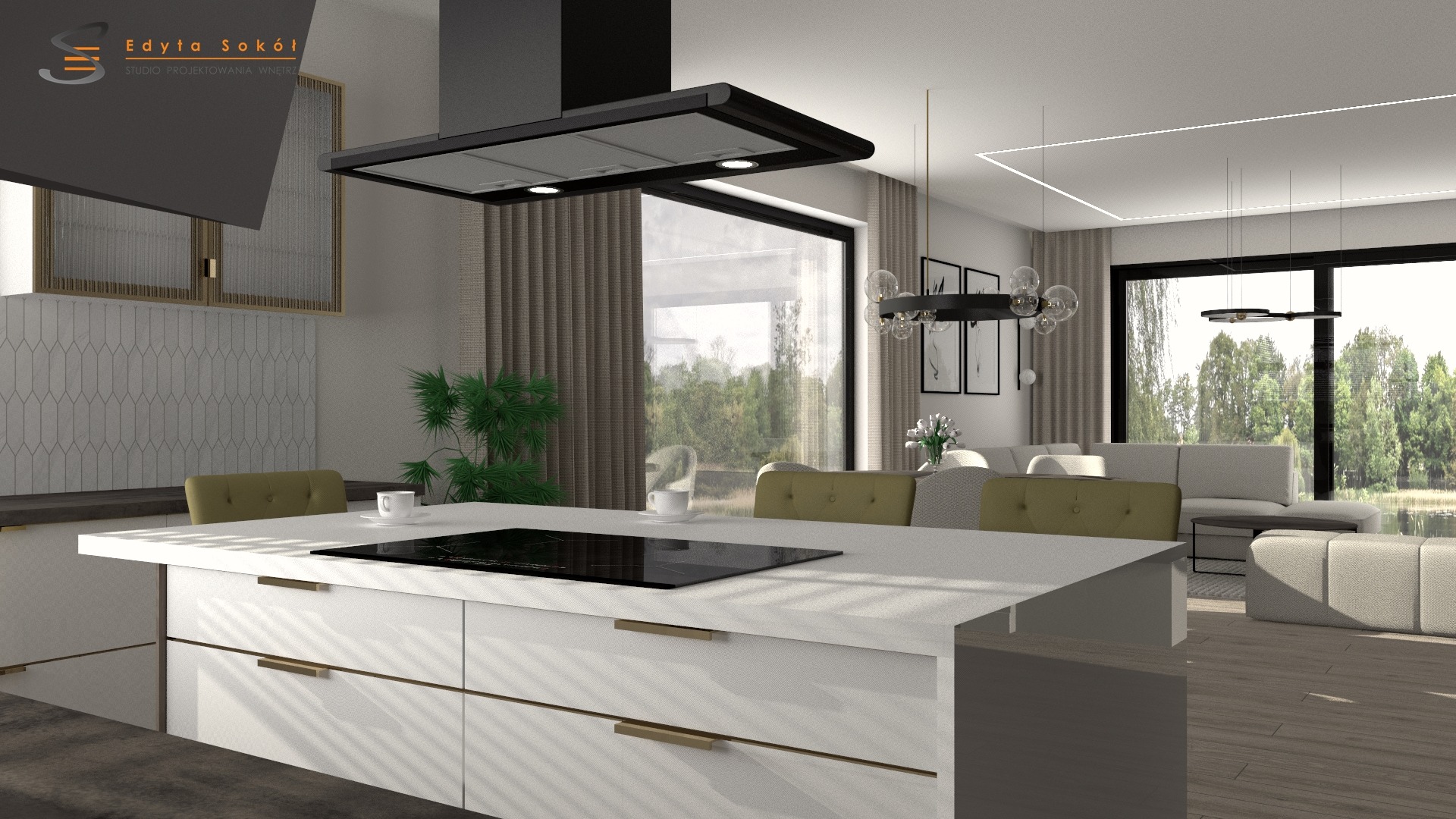 Wizualizacja przestronnego, nowoczesnego wnętrza z wyspą kuchenną, płytą indukcyjną, minimalistycznym okapem i widokiem na jezioro za oknem.