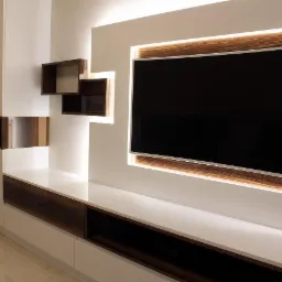 Biało-drewniana zabudowa ściany z podświetleniem LED we Wrocławiu, z miejscem na telewizor i półkami w stylu minimalistycznym.