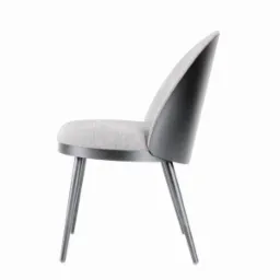 Tapicerowane krzesło z szarą tkaniną i czarnym oparciem, widok z boku na białym tle, minimalistyczny design.