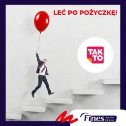 Mężczyzna w garniturze, trzymający się czerwonego balonu, skacze po białych stopniach. W tle logo firmy i napis 'LEĆ PO POŻYCZKĘ!'.