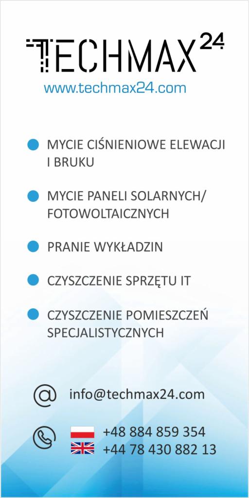 Wizytówka firmy Techmax24 z ofertą usług: mycie ciśnieniowe elewacji i bruku, mycie paneli solarnych/fotowoltaicznych, pranie wykładzin, czyszczenie sprzętu IT, czyszczenie pomieszczeń...