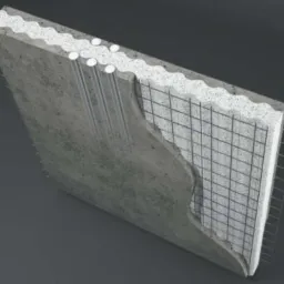 Przekrój ściany warstwowej z betonu, ocieplenia i zbrojenia siatką stalową, prezentujący strukturę materiałów.