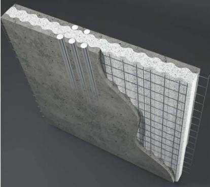 Przekrój ściany warstwowej z betonu, ocieplenia i zbrojenia siatką stalową, prezentujący strukturę materiałów.