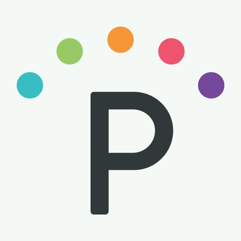 Logo z dużą literą P w kolorze grafitowym, nad którą znajduje się pięć kolorowych kropek: turkusowa, zielona, pomarańczowa, różowa i fioletowa, na jasnoszarym tle.