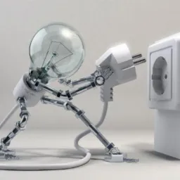 Stylizowana grafika 3D przedstawiająca żarówkę zasilaną z gniazdka elektrycznego, imitująca robota z metalowymi przegubami.