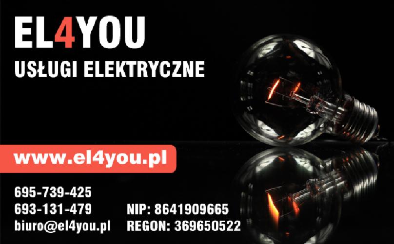 Wizytówka firmy EL4YOU oferującej usługi, z żarówką na czarnym tle z odbiciem, numerami telefonów, adresem strony internetowej i danymi firmy.