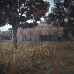 Wizualizacja nowoczesnego domu jednorodzinnego z drewnianą elewacją i czerwonym dachem, otoczonego jesiennym krajobrazem z wysoką trawą i drzewami o brązowych liściach, widziana z perspektywy trawy.