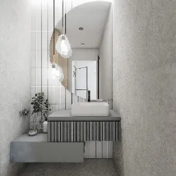 Minimalistyczna łazienka z umywalką nablatową, okrągłym lustrem podświetlanym od góry, wiszącymi lampami o organicznym kształcie i roślinami w szklanym wazonie.