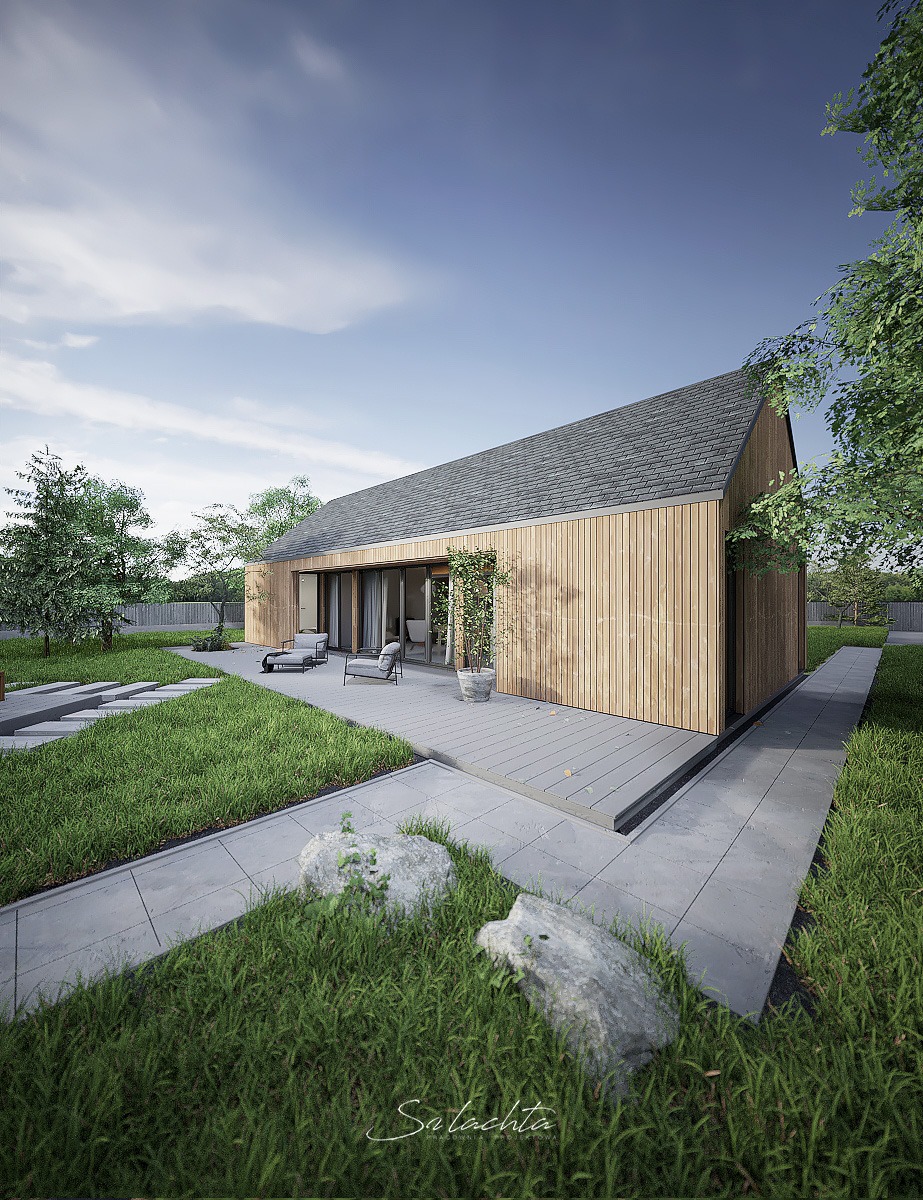 Wizualizacja nowoczesnego domu jednorodzinnego z drewnianą elewacją, szarym dachem i dużymi oknami przesuwnymi, otoczonego zadbanym trawnikiem i elementami małej architektury.