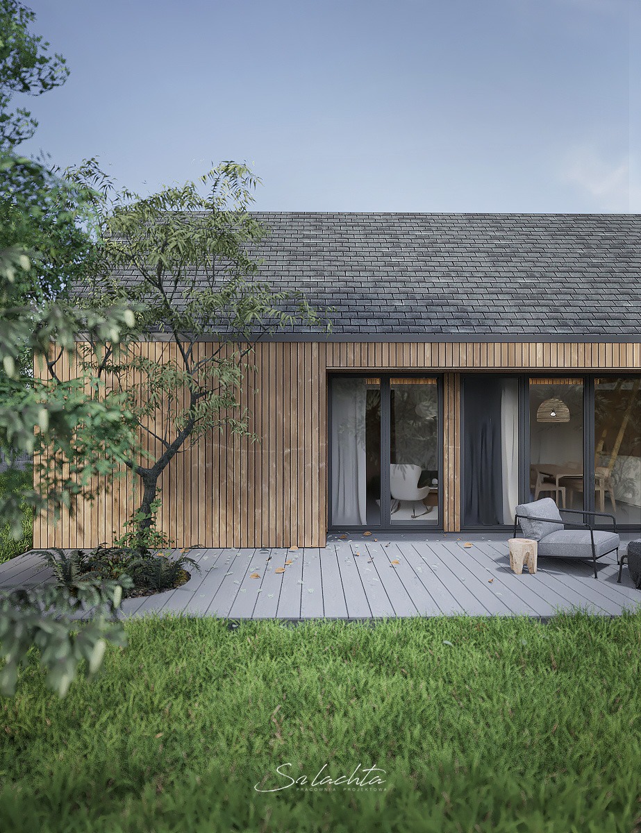 Nowoczesny dom z drewnianą elewacją i szarym dachem, widok z ogrodu na taras z meblami wypoczynkowymi i dużymi oknami.