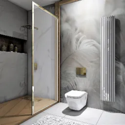 Nowoczesna łazienka z kabiną prysznicową w złotej ramie, wiszącą toaletą i grzejnikiem panelowym na ścianie z motywem piór.
