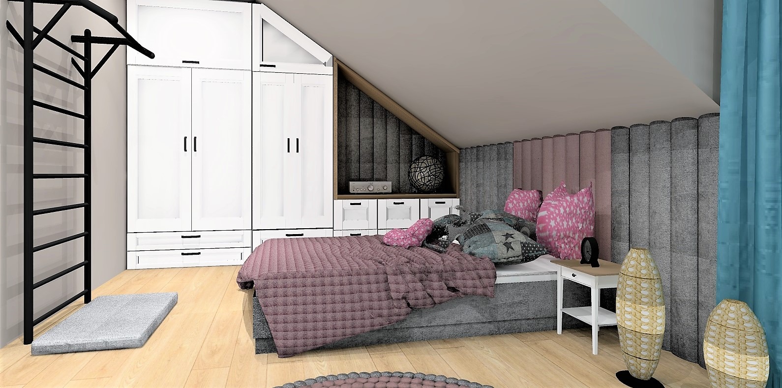 Wizualizacja sypialni na poddaszu z łóżkiem, szafą w zabudowie, drabinką gimnastyczną, lampami podłogowymi i pastelową kolorystyką.