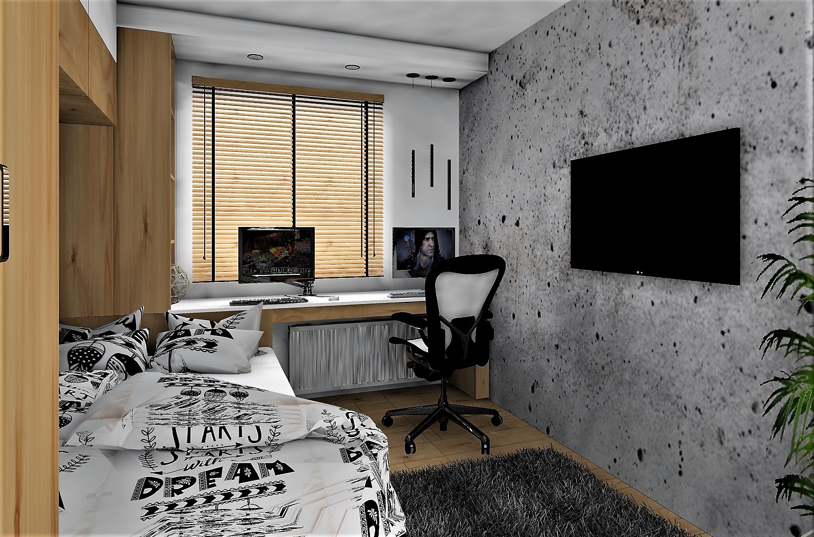 Kompaktowa sypialnia z miejscem do pracy: łóżko z pościelą w czarno-białe wzory, biurko z dwoma monitorami pod oknem z żaluzjami, czarne krzesło biurowe, szara ściana z telewizorem i dywanem.