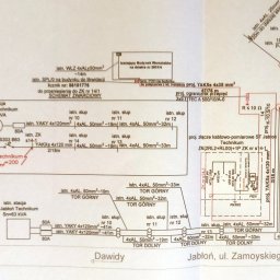 Marcin Sulowski Marsol - Schemat instalacji elektrycznej z oznaczeniami słupów, transformatorów i kabli. Widoczne nazwy miejscowości i ulicy. Dokument techniczny.