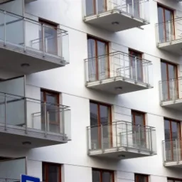 Nowoczesny budynek z białymi ścianami i balkonami z przeszklonymi balustradami, widoczne brązowe ramy okienne.