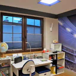 Pokój dziecięcy z biurkiem pod oknem, na którym zamontowano szare, poziome osłony okienne typu plisy. W tle widoczna tapeta z motywem stadionu.