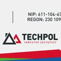 Wizytówka firmy Techpol z Karpacza, oferującej usługi deweloperskie, inwestora zastępczego i usługi inżynieryjne. Zawiera adres, NIP, REGON i adres strony internetowej.