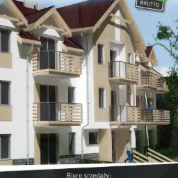 Wizualizacja zewnętrzna nowoczesnego budynku wielorodzinnego z balkonami, prezentująca projekt deweloperski z ceną za metr kwadratowy.