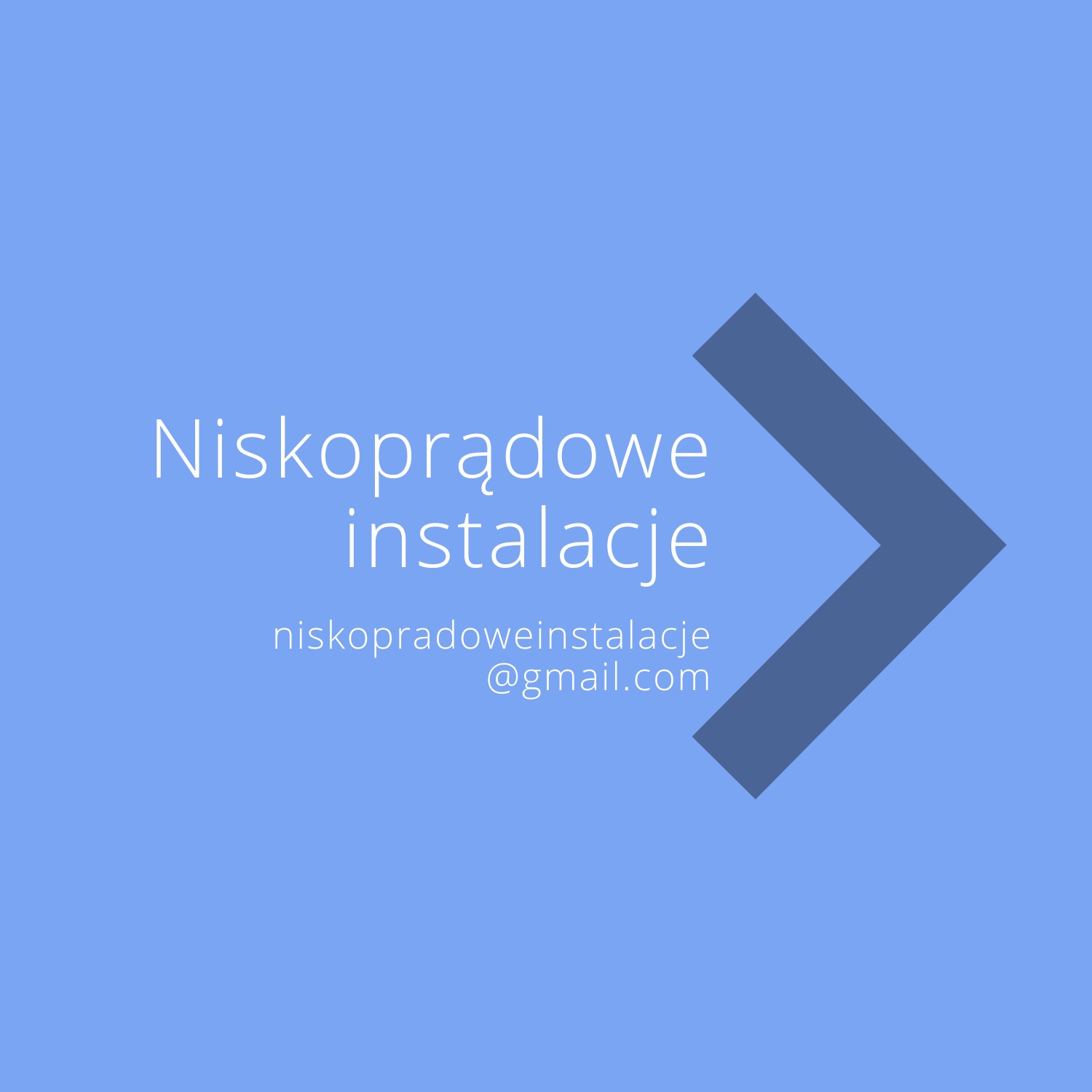 Logo firmy z napisem 'Niskoprądowe instalacje', adresem email i strzałką na niebieskim tle.