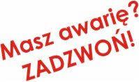 Czerwony napis 'Masz awarię? ZADZWOŃ!' na białym tle, reklama usług w Szczecinie z hydrohen.pl.