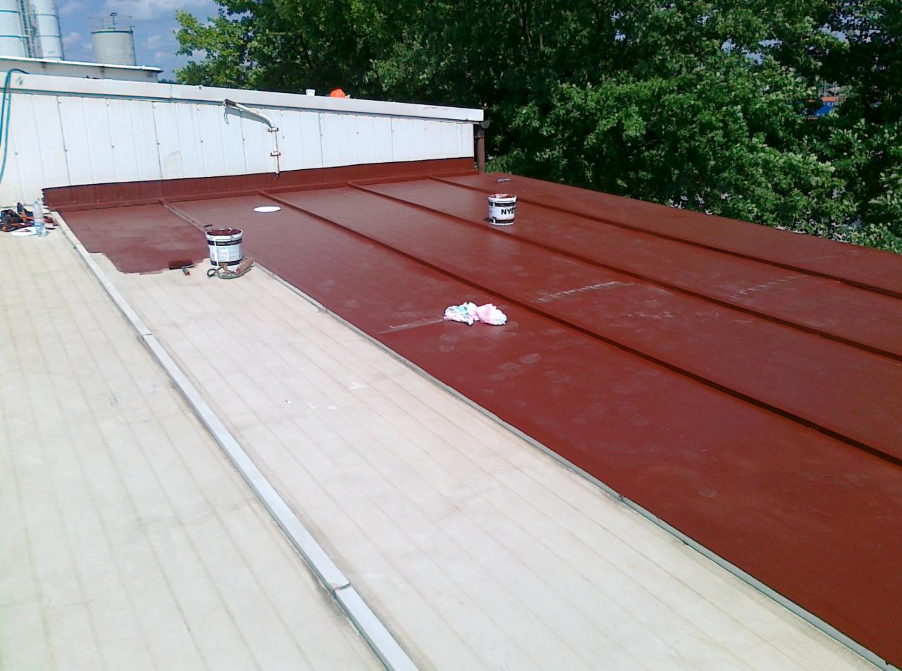 Częściowo pomalowany metalowy dach na brązowo, widoczne puszki z farbą, szmatka i narzędzia malarskie, w tle zieleń drzew