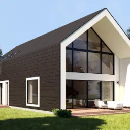 Wizualizacja nowoczesnej stodoły z ciemną elewacją i dużymi przeszkleniami, otoczonej zielenią i drzewami iglastymi.