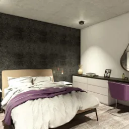 Nowoczesna sypialnia z łóżkiem kontynentalnym, czarną ścianą z fakturą, białą komodą i toaletką z okrągłym lustrem na skórzanym pasku.