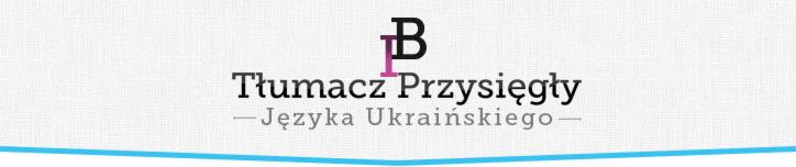 Grafika z napisem 'Tłumacz Przysięgły - Języka Ukraińskiego -' z elementami graficznymi w kolorach czarnym i fioletowym na jasnym, teksturowanym tle, zakończona niebieskim paskiem.