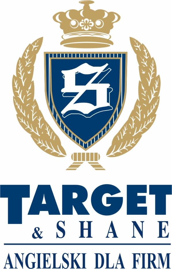 Logo firmy Target & Shane: niebieski herb z koroną i złotymi liśćmi laurowymi, poniżej napis 'TARGET & SHANE' i 'ANGIELSKI DLA FIRM'.