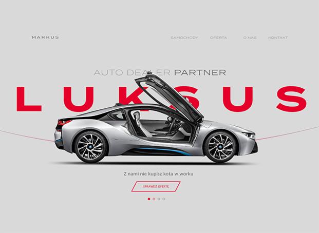 Strona internetowa dealera samochodów luksusowych z otwartymi drzwiami BMW i8 na tle napisu Luksus.
