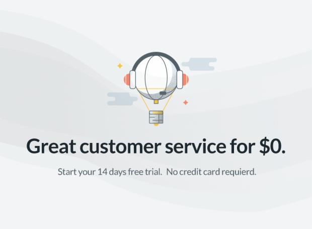 Grafika przedstawiająca słuchawki z mikrofonem w formie balonu, symbolizująca obsługę klienta, z tekstem 'Great customer service for $0' i informacją o 14-dniowym darmowym okresie próbnym.