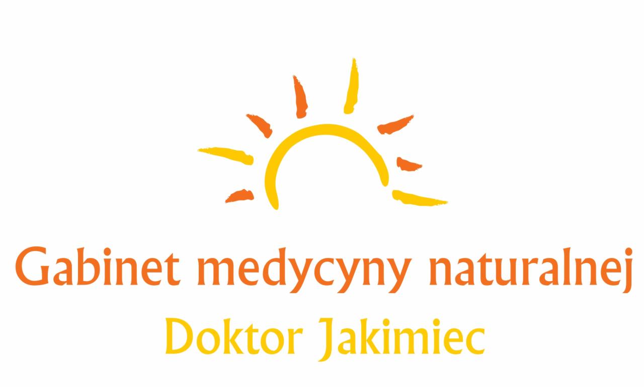 Logo Gabinetu Medycyny Naturalnej Doktor Jakimiec z stylizowanym pomarańczowo-żółtym słońcem nad tekstem.