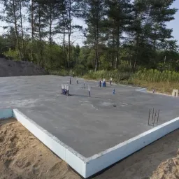 Wylany fundament płyty betonowej, ocieplony styropianem, z wystającymi rurami instalacyjnymi i prętami zbrojeniowymi, widok z góry na tle piaszczystego terenu i zieleni.