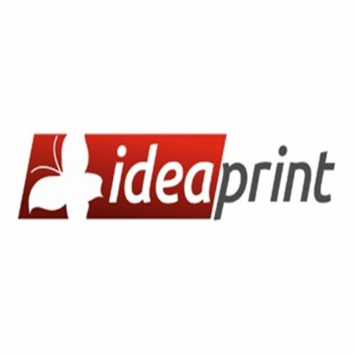 Logo firmy Ideaprint z motywem motyla w negatywnej przestrzeni na czerwonym tle.