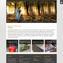 Strona internetowa firmy oferującej opiekę nad grobami, z nagłówkiem przedstawiającym rzeźbę anioła na tle leśnego krajobrazu w ciepłych barwach zachodzącego słońca.