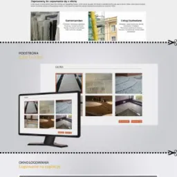 Komputer i tablet wyświetlające stronę internetową firmy budowlanej z żółtym kaskiem, kielnią i cegłami na banerze, galerią realizacji oraz panelem logowania i zarządzania stroną.