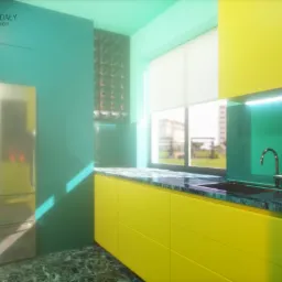 Wizualizacja kuchni z żółtymi szafkami, turkusowymi ścianami i blatem z ciemnego marmuru, widziana z niskiej perspektywy, z oknem i lodówką w tle.