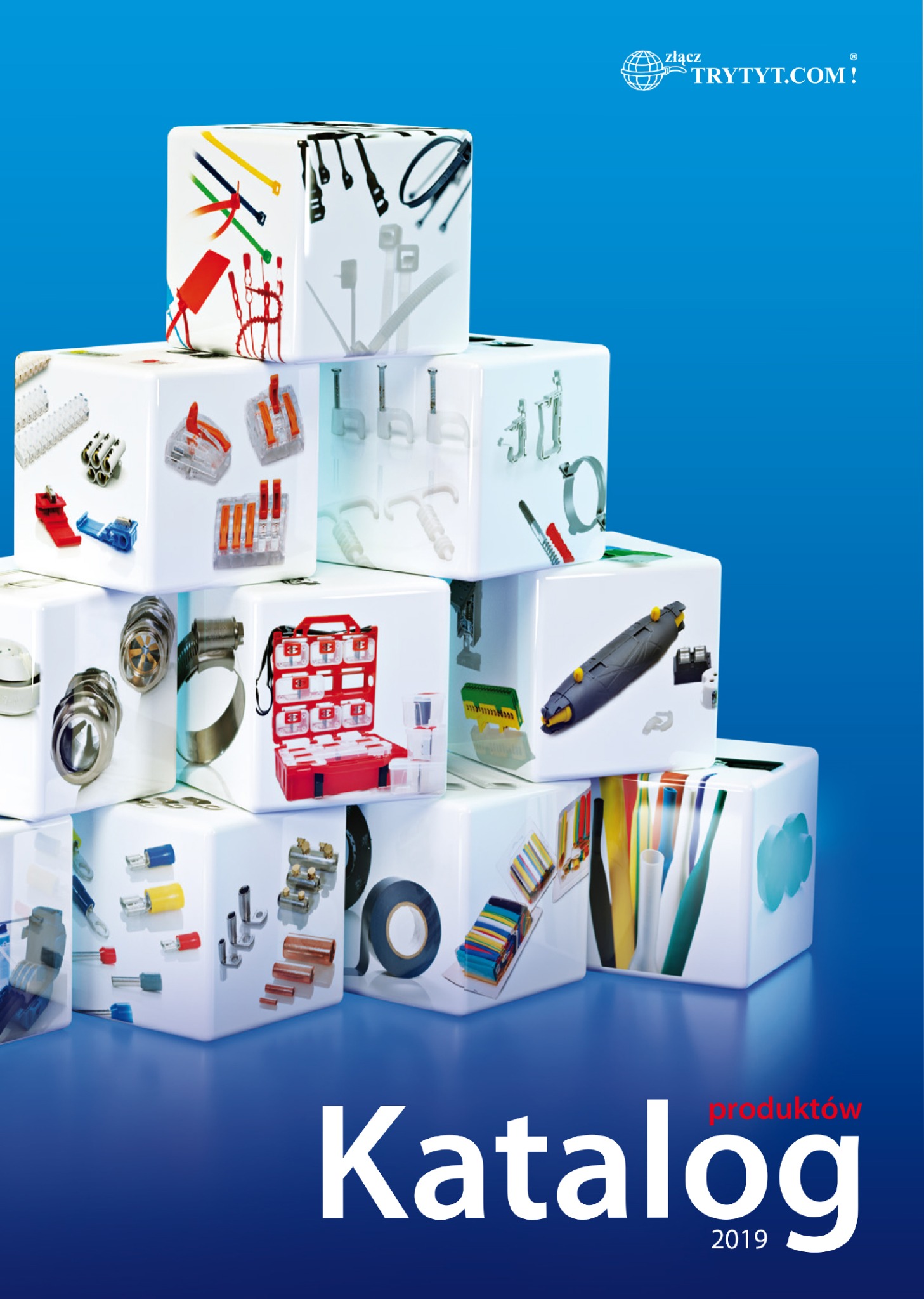 Okładka katalogu produktów z artykułami elektrycznymi i narzędziami, ułożonymi na białych kostkach na niebieskim tle.