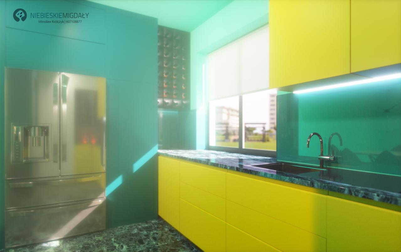 Wizualizacja kuchni z żółtymi szafkami, turkusowymi ścianami i blatem z ciemnego marmuru, widziana z niskiej perspektywy, z oknem i lodówką w tle.