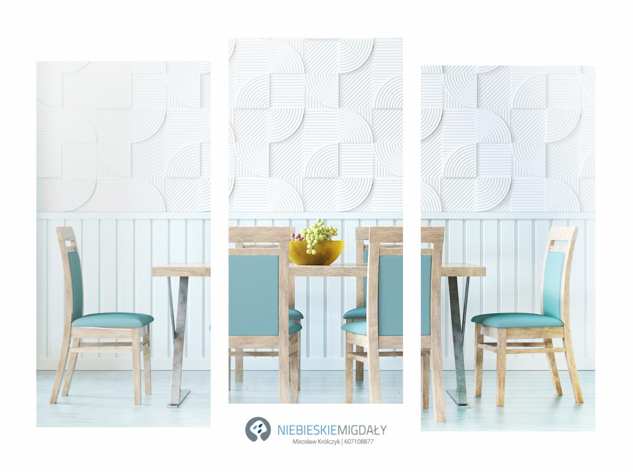 Jadalnia z drewnianym stołem, krzesłami z turkusowymi siedziskami i dekoracyjną białą ścianą z geometrycznym wzorem 3D.