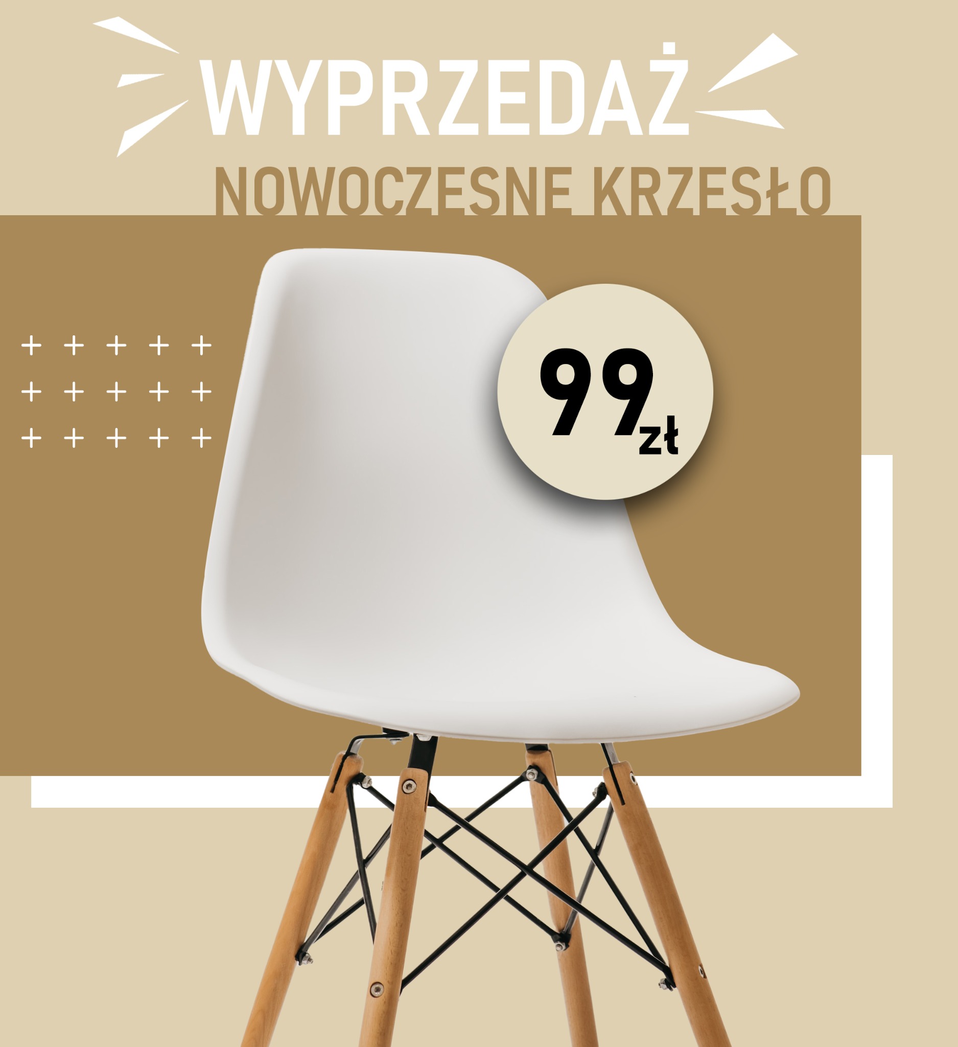 Nowoczesne białe krzesło z drewnianymi nogami na tle w odcieniach beżu z napisem 'WYPRZEDAŻ' i ceną 99 zł.