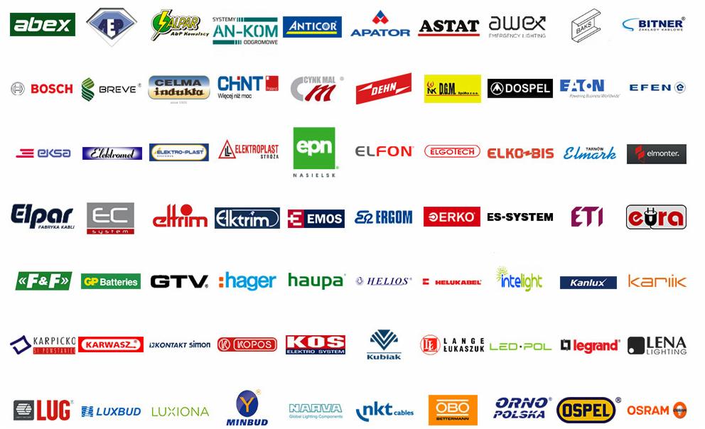 Kolekcja różnorodnych logotypów firm z branży elektrycznej, budowlanej i oświetleniowej, prezentowana na białym tle, ukazująca szeroki zakres marek i dostawców w tych sektorach.