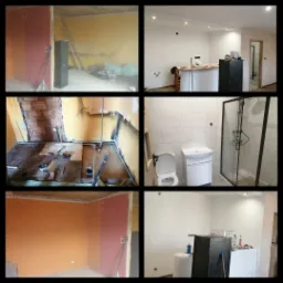 Mozaika zdjęć przedstawiająca etapy remontu mieszkania: od surowych ścian i podłóg, przez instalacje, po wykończone wnętrza łazienki i pokoju.