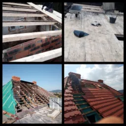 Montaż więźby dachowej, widok od wewnątrz i z zewnątrz, fragmenty dachu z czerwoną dachówką na tle błękitnego nieba, prace dekarskie w toku, widoczny komin i elementy konstrukcyjne dachu.